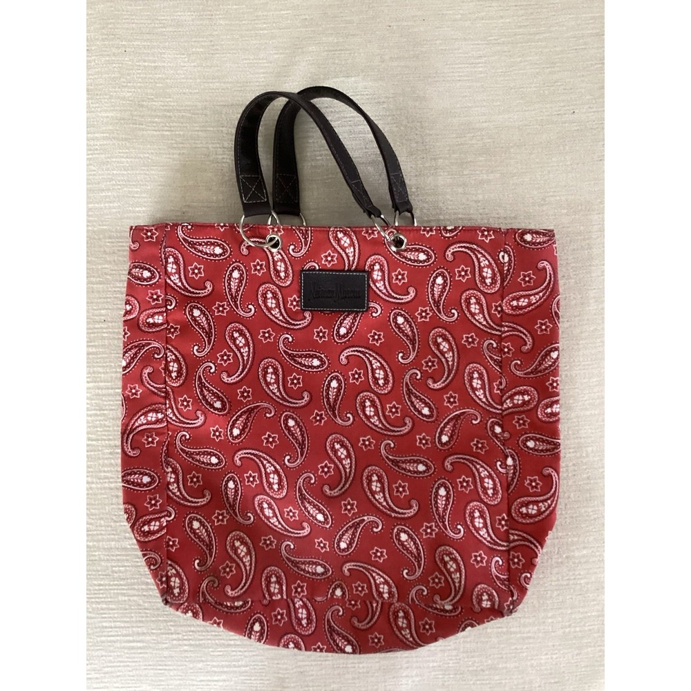 Neiman Marcus Red Paisley Tote Bag Canvas Leather Handles Boho Western